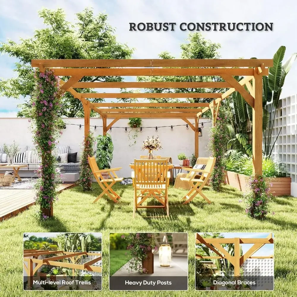 20' x 10' Outdoor Pergola, Wood Gazebo Grape Trellis with Stable Structure and Concrete Anchor ClimPlant Support, Garden, Patio, view 5