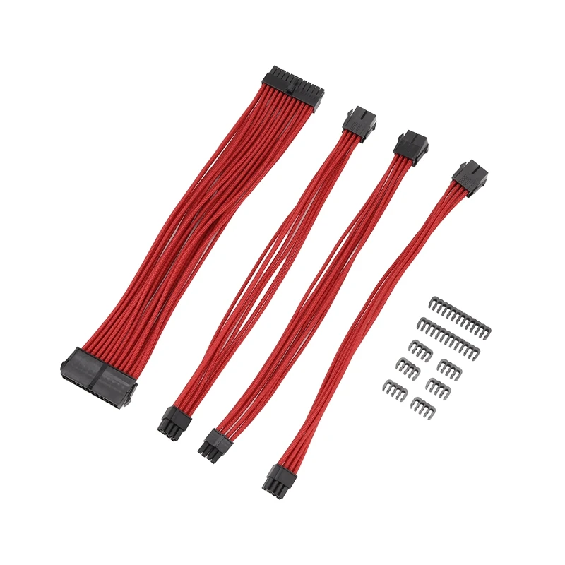 9-Inch Braided Extension Cable Kit Basic Extension Cable For PC Case Comb Included ATX 24 Pin PCIE 6+2Pin CPU 4+4Pin Red