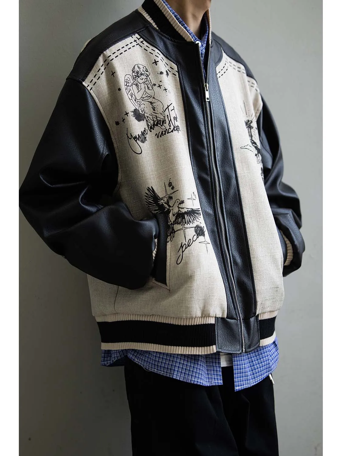 

LH Store American Sle Patchwork Leather Jaet ort Vintage Stand Collar Men's Baseball orm Retro Jaet Top