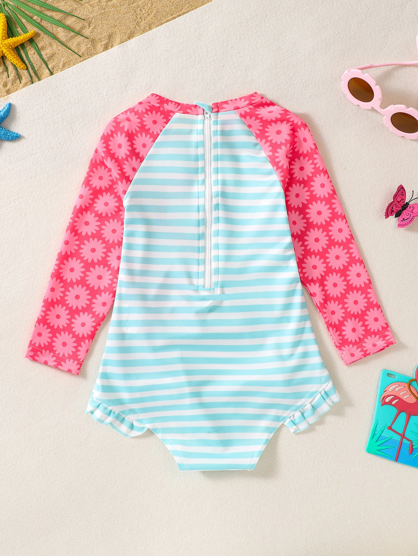 Girls One Piece Cute Swimsuit Cartoon Flamingo Print Colorblock Long Sleeve Comfy Trendy Swimwear