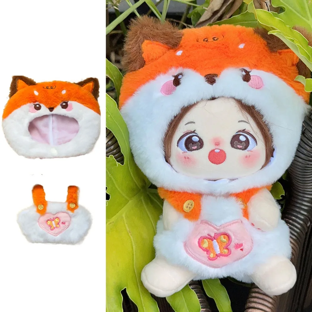 20cm Cotton Doll Lovely Fox Cat Two Piece Set Plush Dolls Clothes Cute Fashion Hoods Suspenders Decor DIY Doll Accessories