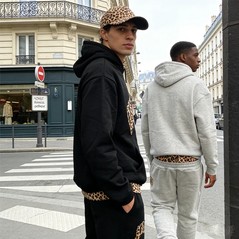 

Men's Casual Leopard Print Patchwork Hoodie & Sweatpants Set Streetwear Hip Hop Tracksuit 2 Piece Outfit for Daily Wear Jogging
