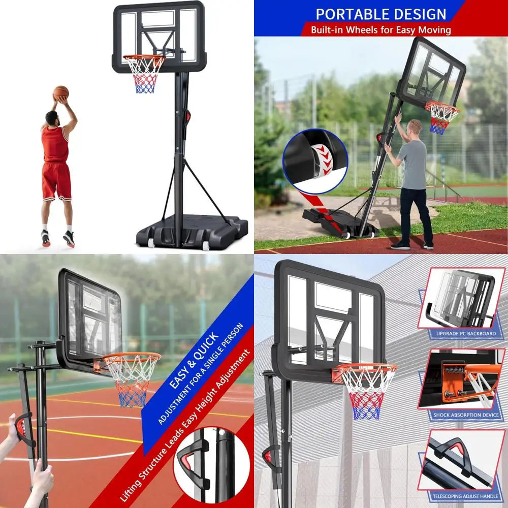 

Adjustable Height Outdoor Basketball Hoop with Heavy-Duty Steel Frame, 5.5 to 10 Feet, 44 Inch Backboard, Portable with Wheels f