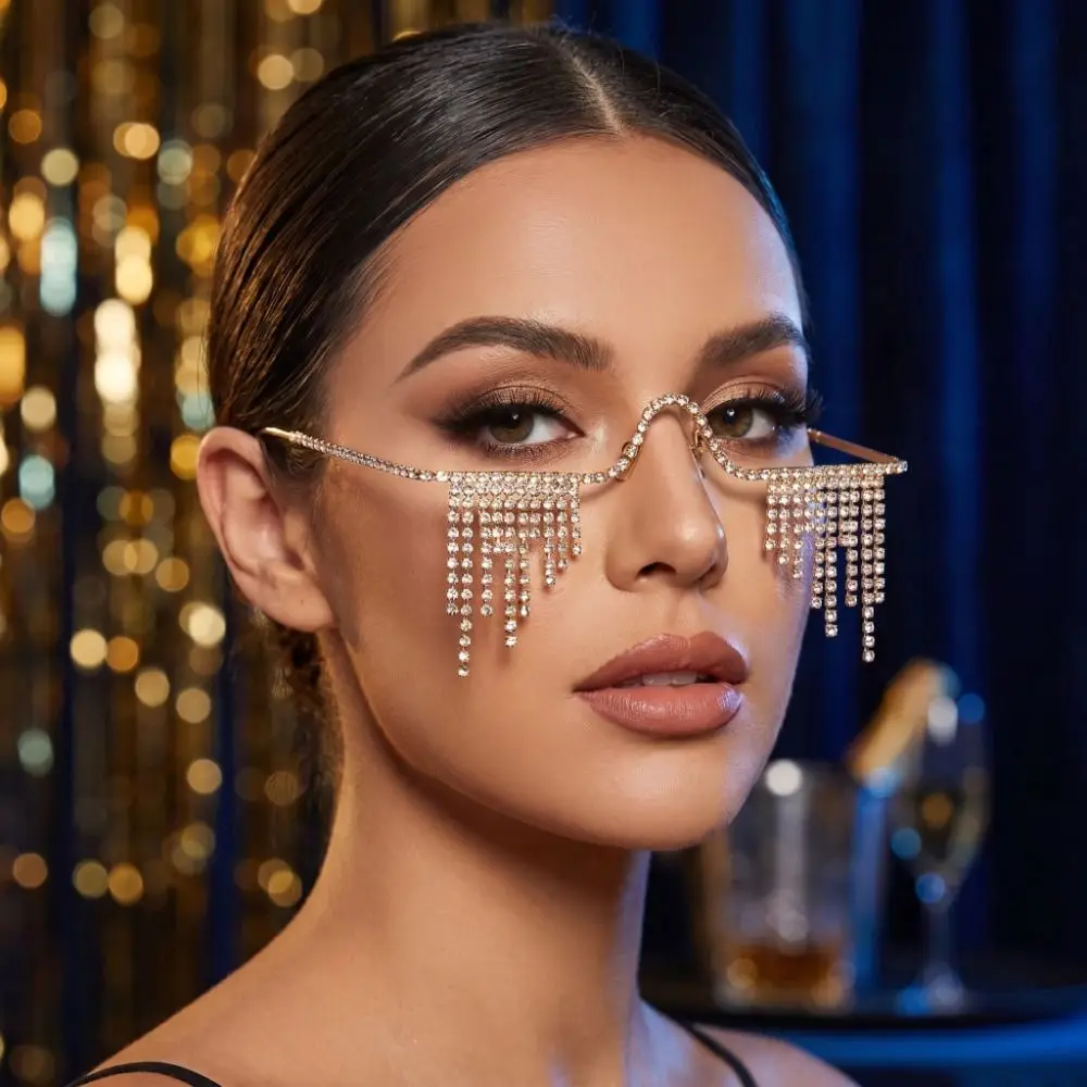Foldable Tassel Rhinestone Eyeglass Frame Zircon Crystal Metal Glasses Frames Face Jewelry Blingbling Glitter Mask Decoration