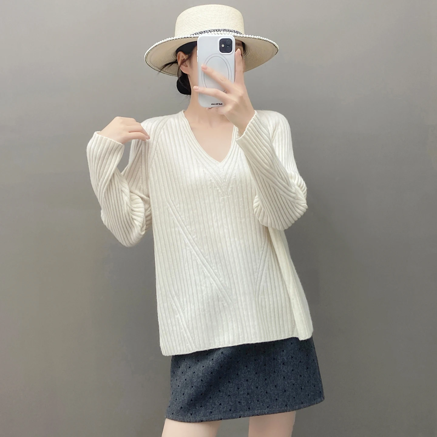 

Autumn/Winter Women's 100% Cashmere Pullover Casual Solid Vertical Stripe Knitted Sweater Loose V-Neck Tops Thick Warm Jumper