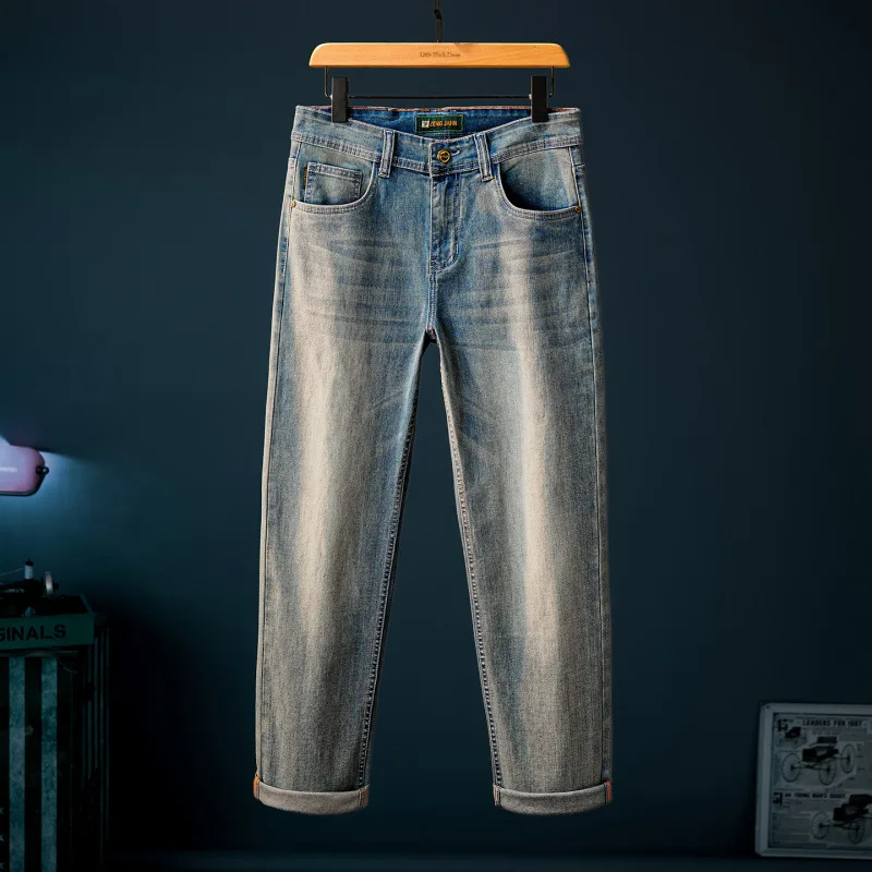 Retro blue minimalist jeans men's straight tube loose and lightweight business trend fashionable men's clothing high-end pants