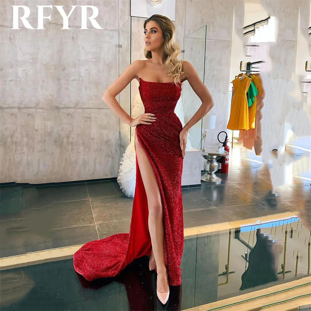 

RFYR Glitter Red Prom Dress With High Split Sexy Strapless Sleeveless Evening Dress Sweep Train فساتين سهرة Mermaid Party Dress