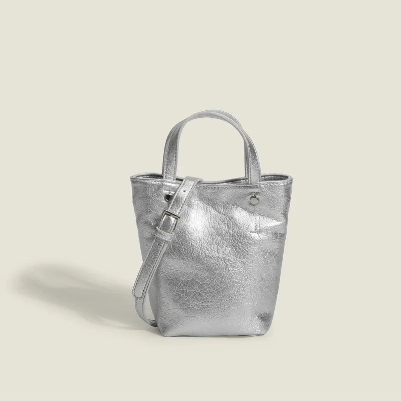 

Silver Waxed Leather Mini Handbag Summer New Niche High-end Bucket Shoulder Crossbody Small Bag Trendy