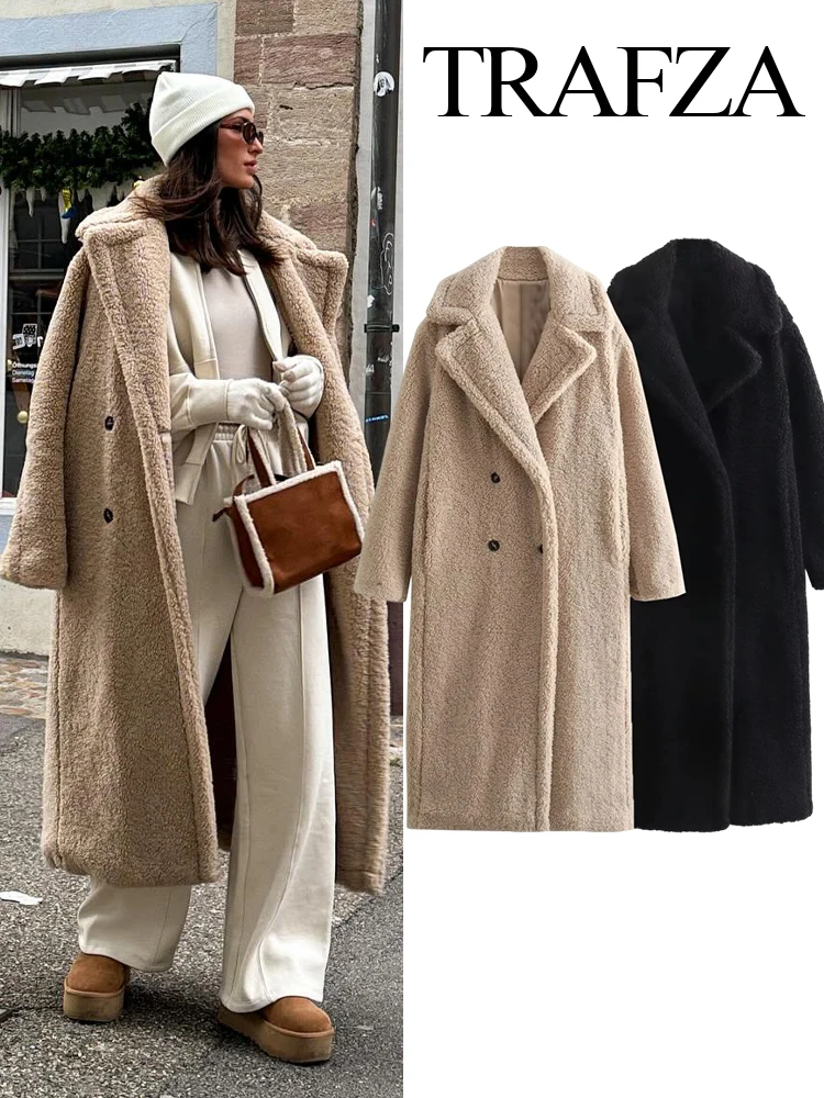 TRAFZA Frauen Herbst Winter Vintage Wolle Mischung Langen Mantel Revers Chic Langarm Zweireiher Große Jacke Weibliche Straße Mantel