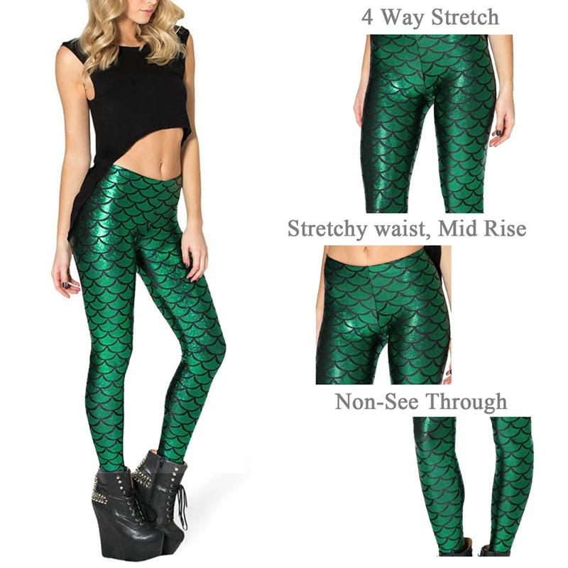 Women's Mermaid Legging In Shiny Green Fish Scale Design High Waisted Stretch Pants For Casual And Party Wear