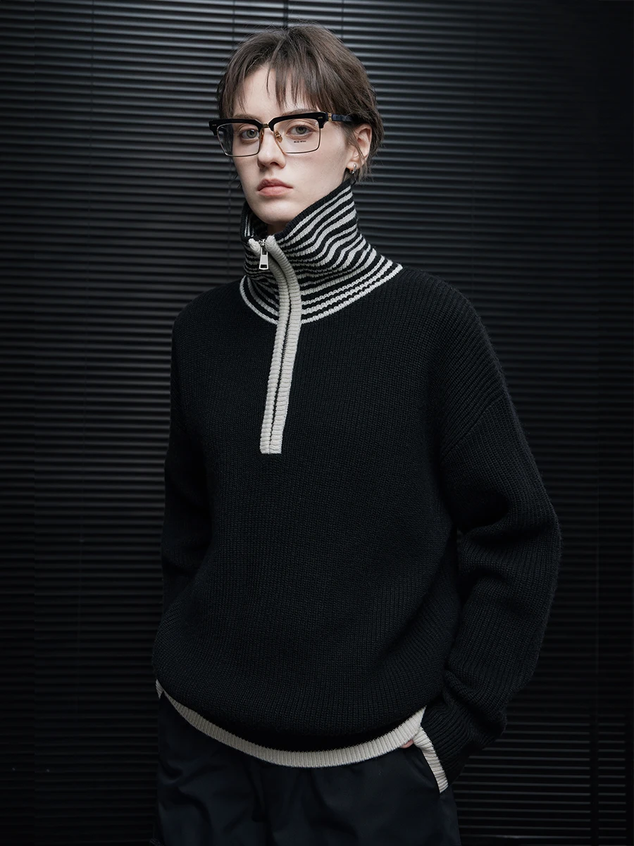 

Bla High Collar Knitted Sweater for Women Loose oulder Unique Splicing Autumn New Sle Street Sle Warm Thermal Long Sl...