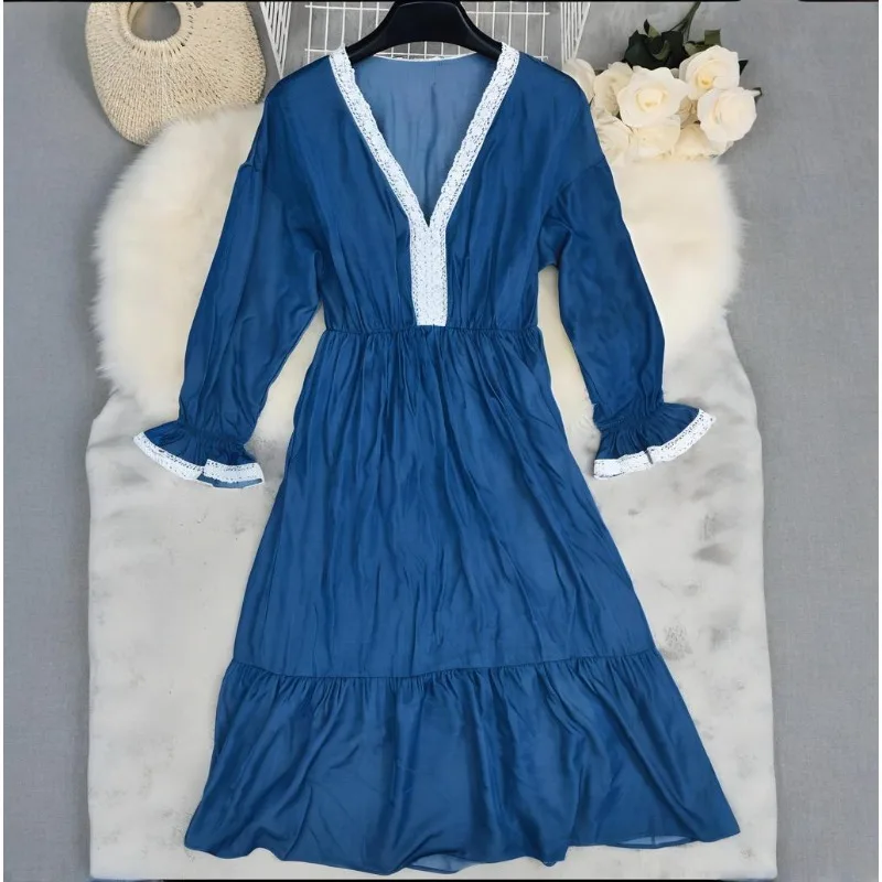 Abito da donna retrò Primavera Estate Autunno 2025 Nuova gonna lunga V-Nek a vita alta Elegante tinta unita Abiti vintage a maniche lunghe