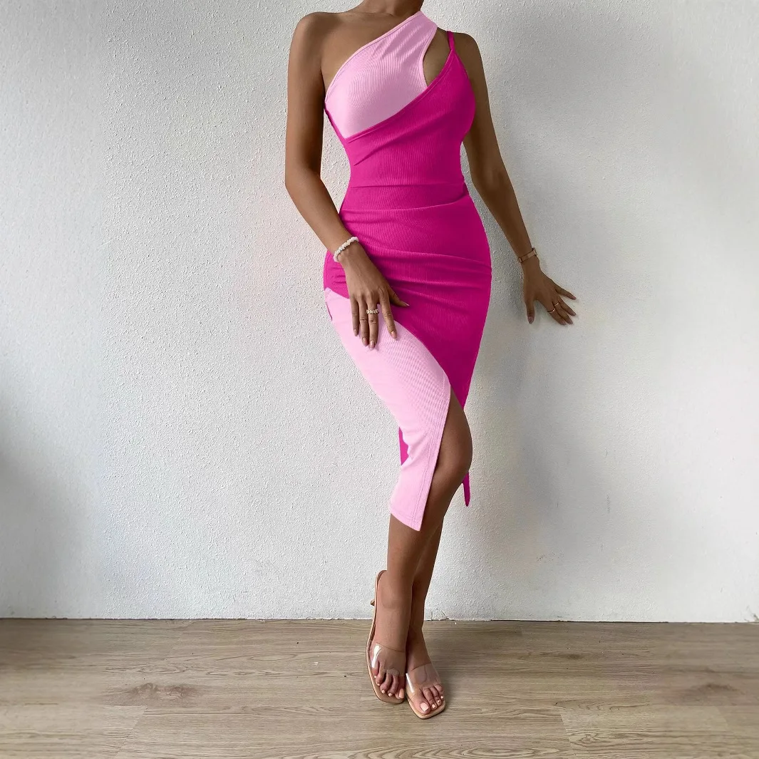 2025 Spring/Summer Women's Dress Sexy Contrasting Color Cross Shoulder Tight Sleeveless Dress