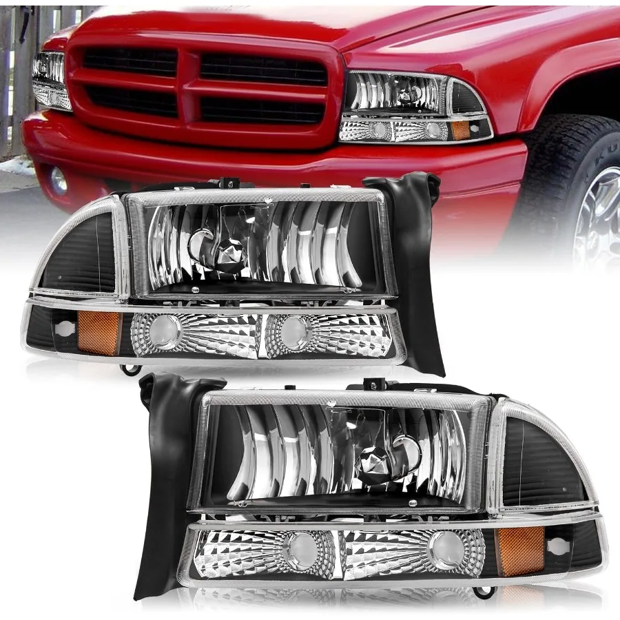 

Headlight Assembly Set Fits for 19972004 Dakota and 19982003 Durango with Bumper Light 4 PCS Replacement OE Headlamp in Black H