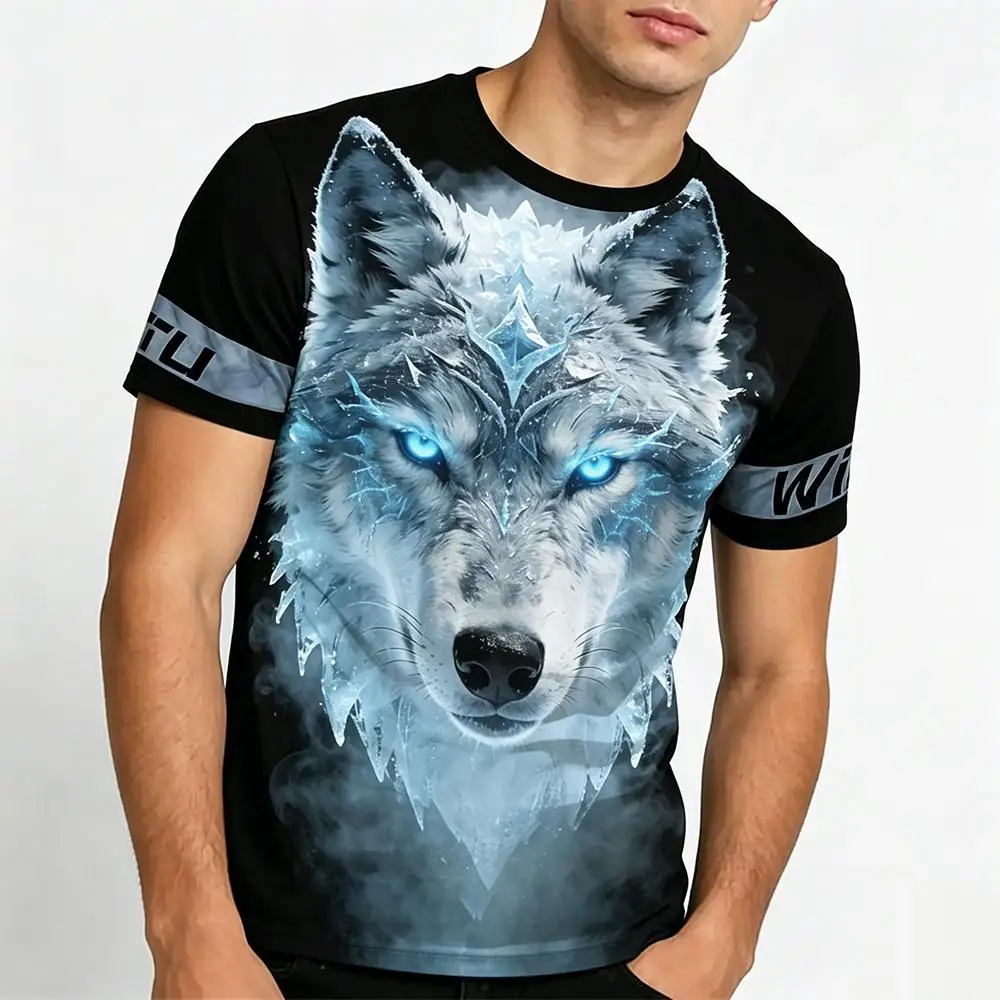 

Men's Ice Wolf Printed T-shirts Summer Breathable Short Sleeves Crew Neck Graphic Tees Men's Fashion Streetwear Casual Tops