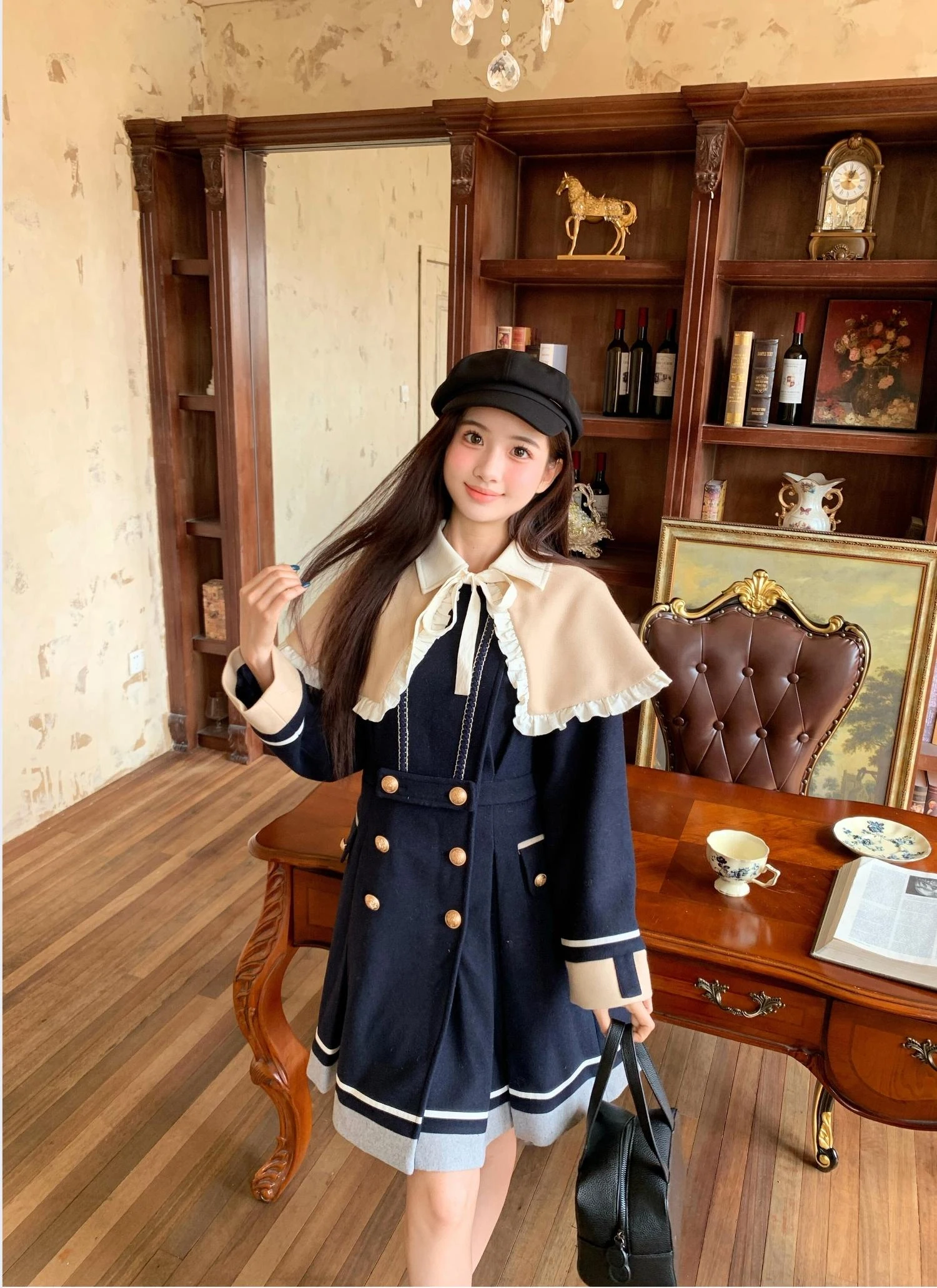 Japoński płaszcz wełniany w stylu college dla kobiet, średniej długości płaszcz wełniany na jesień i zimę, kurtki damskie.