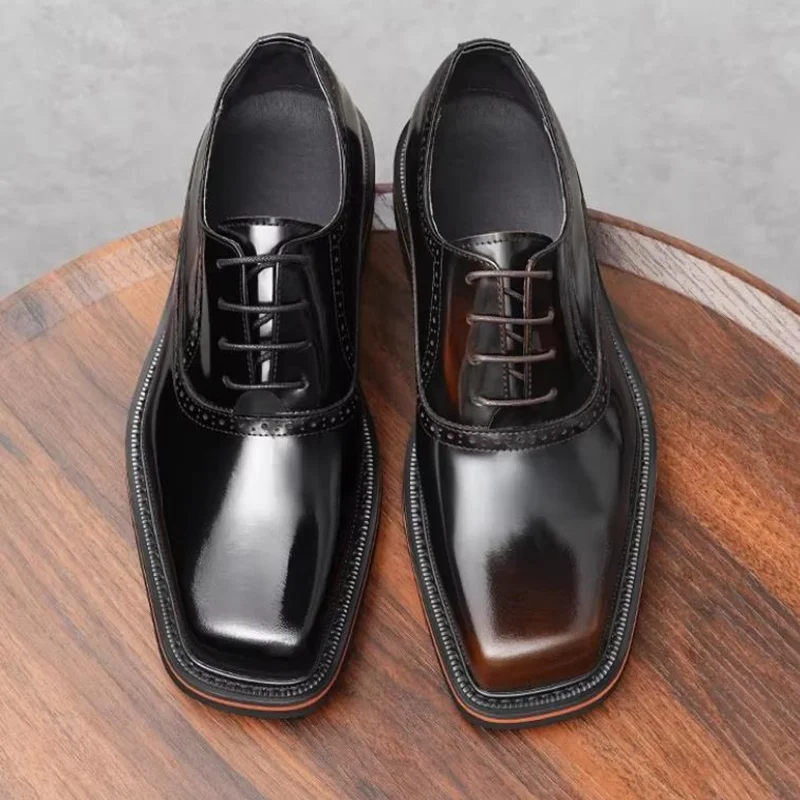 

Stylish Square-toe Leather Commuter Shoes For Men Lace-up Derby Shoes With Yellow Edges Men's Business Formal Shoes