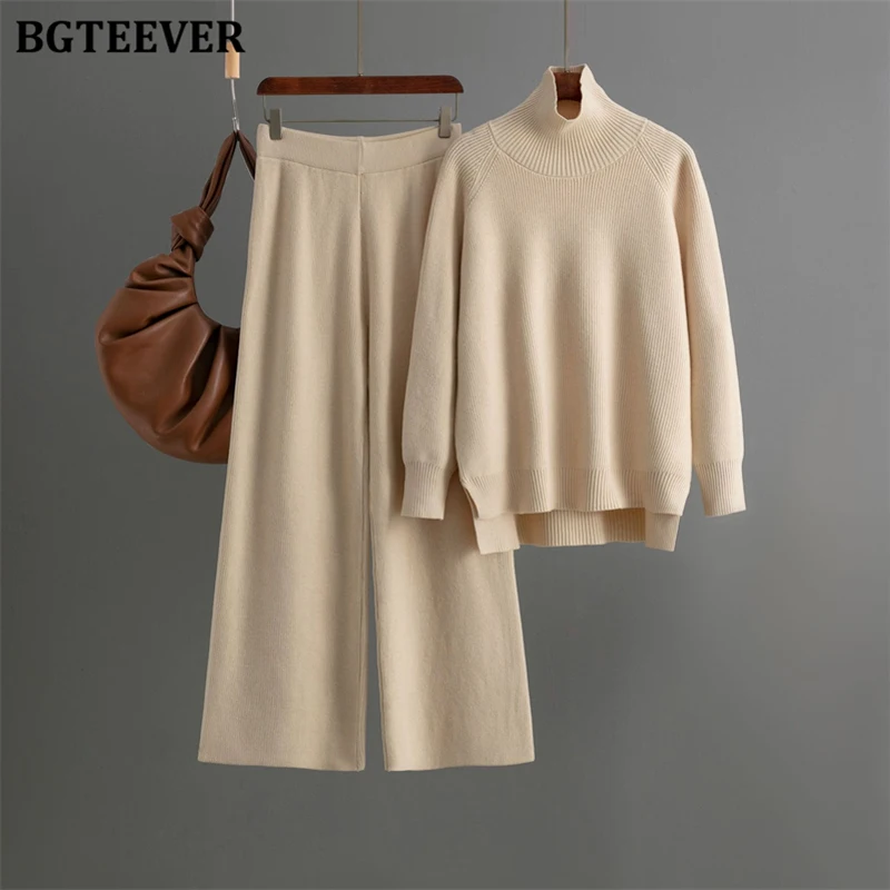 BGTEEVER Elegant Loose Long Sleeve Turtleneck Sweaters Pullovers & Wide Leg Pants Autumn Winter Ladies 2 Pieces Knitted Set