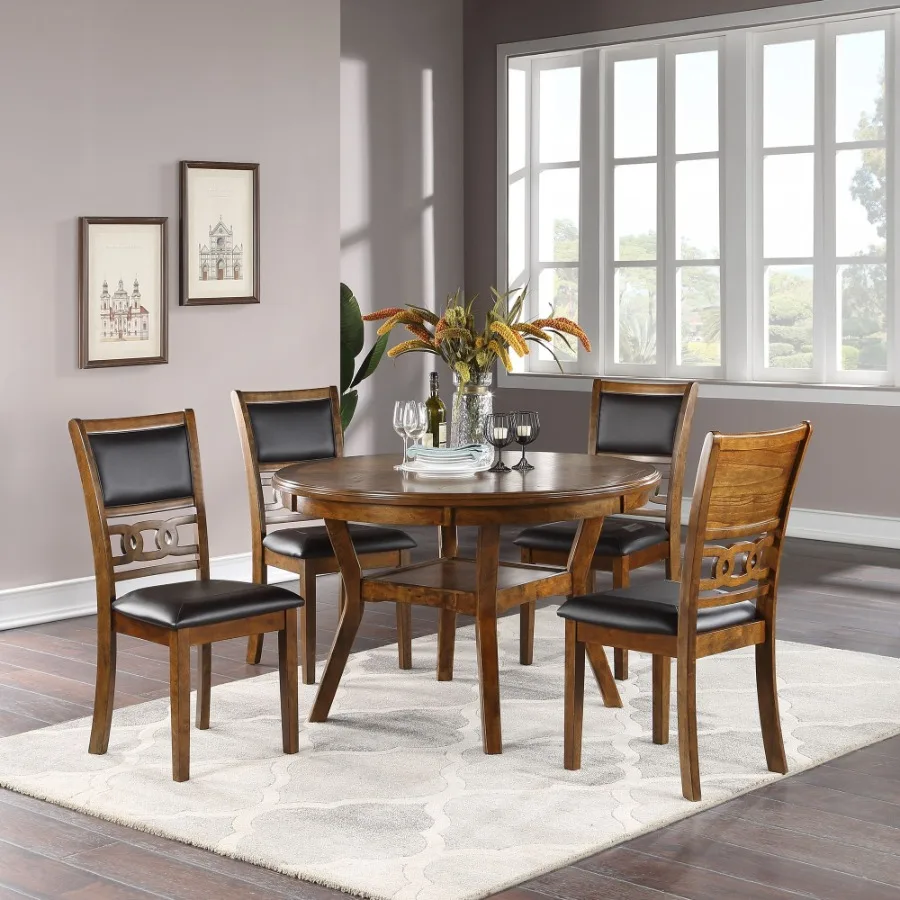 

Contemporary Dining 5pc Set Round Table w 4x Side Chairs Walnut Finish Rubberwood Unique Design