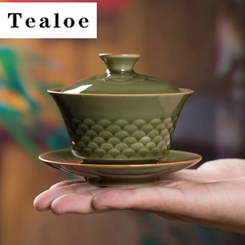

100ml Handmad Longquan Celadon Hand Grasping Gaiwan Fish Scale Three Talent Tea Tureen Tea Maker Cover Bowl Tea Ceremony Gift