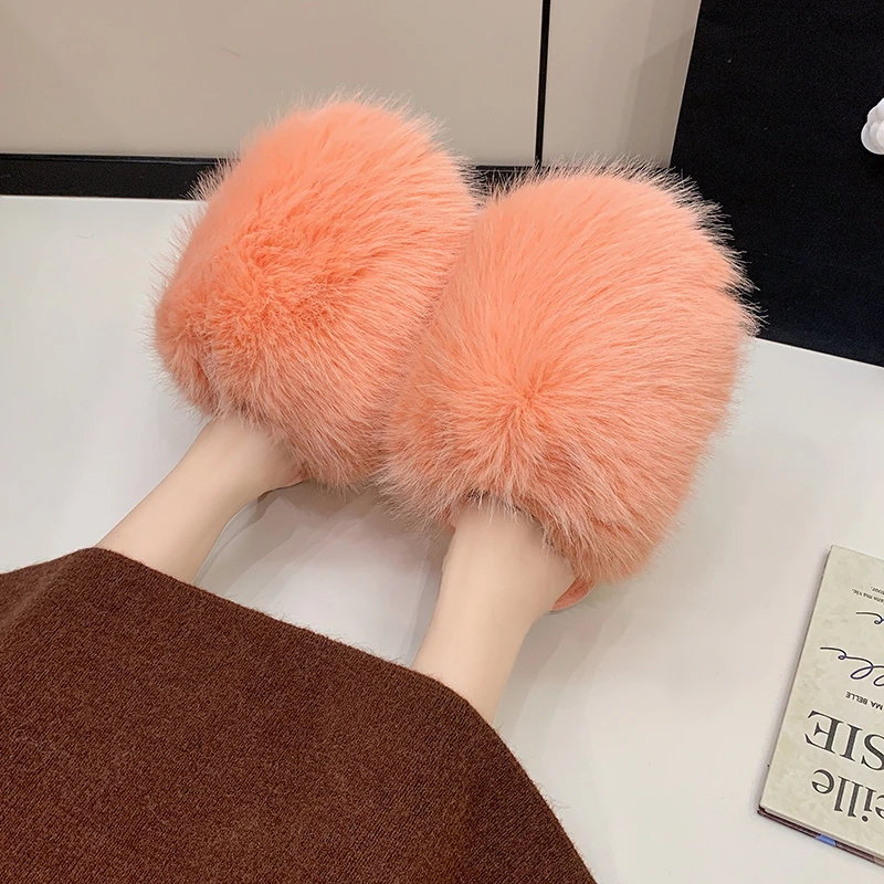 Women's Plush Warm Slippers Autumn and Winter Multicolor Plus Size Fashion Flat-bottomed Baotou Cotton Slippers Slides Women
