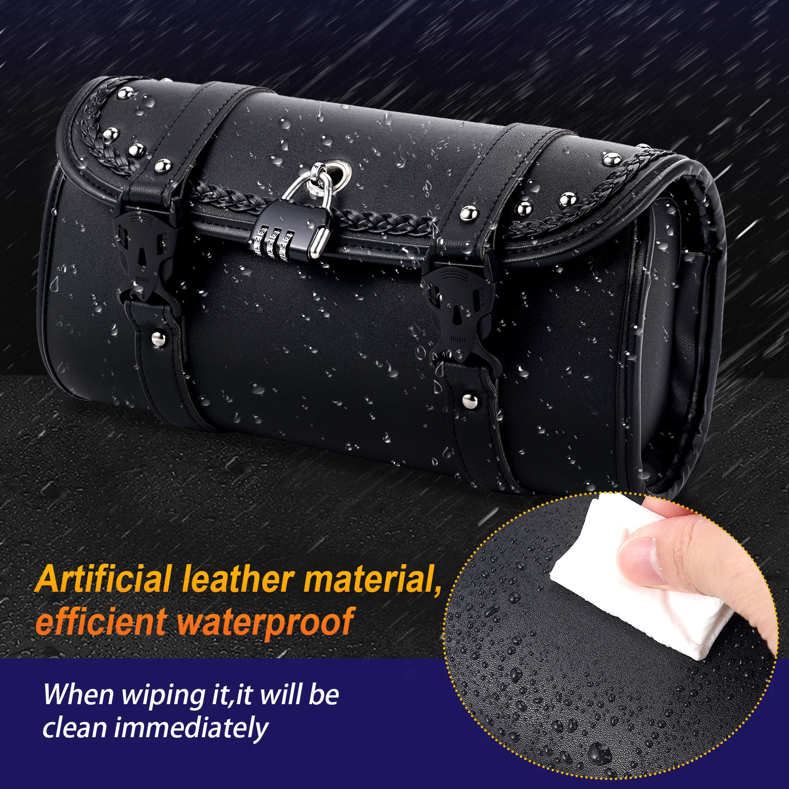 Upgraded Motorcycle Cylindrical Fork Bag PU Leather Tool Storage Pouch Waterproof With Combination Lock For Most Motorcycles