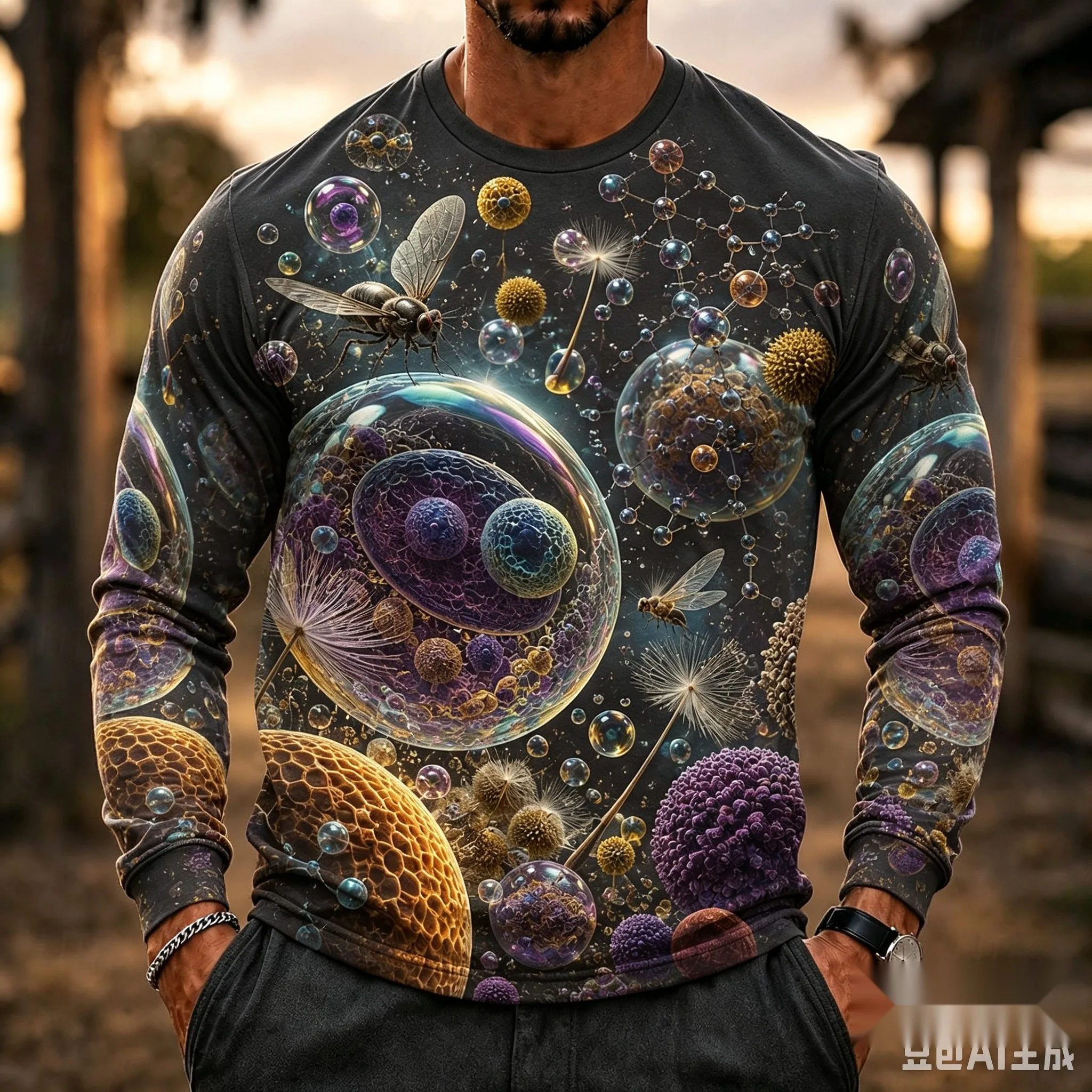 Men's 3D Fantasy Micro World Print Long Sleeve T-Shirt Round Neck Nature Insect Mushroom Crystal Graphic Casual Long Sleeve Tops