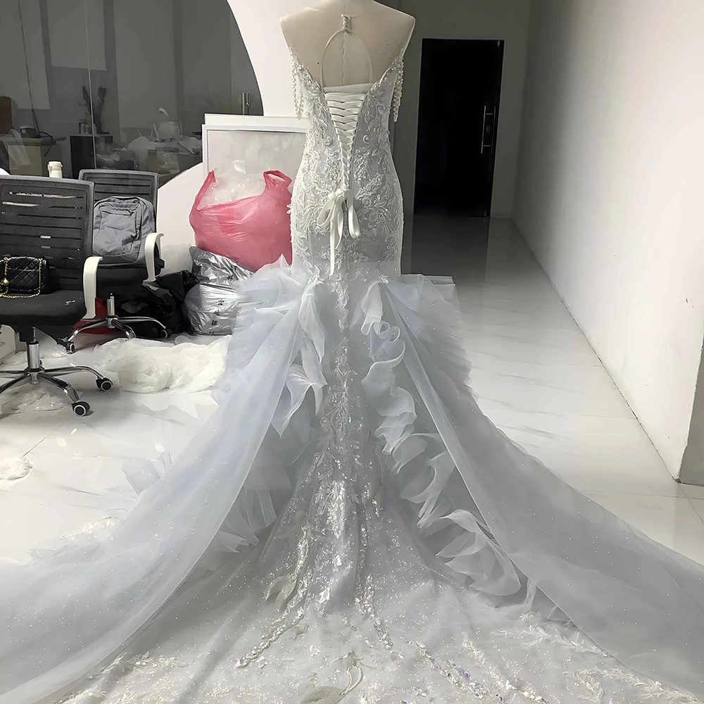 2024 Gorgeous Mermaid Princess Tassel Wedding Dress Corset O Neck Glitter Tulle Bride Dresses Robe De Mariee Wedding Gowns