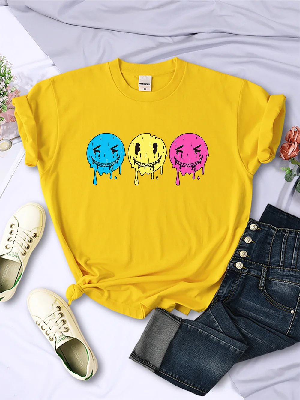 Three Happy Faces Melting Print T Shirt Female Street Comfortable T-Shirt Soft Casual Clothes Breathable Oversize Short Sleeve