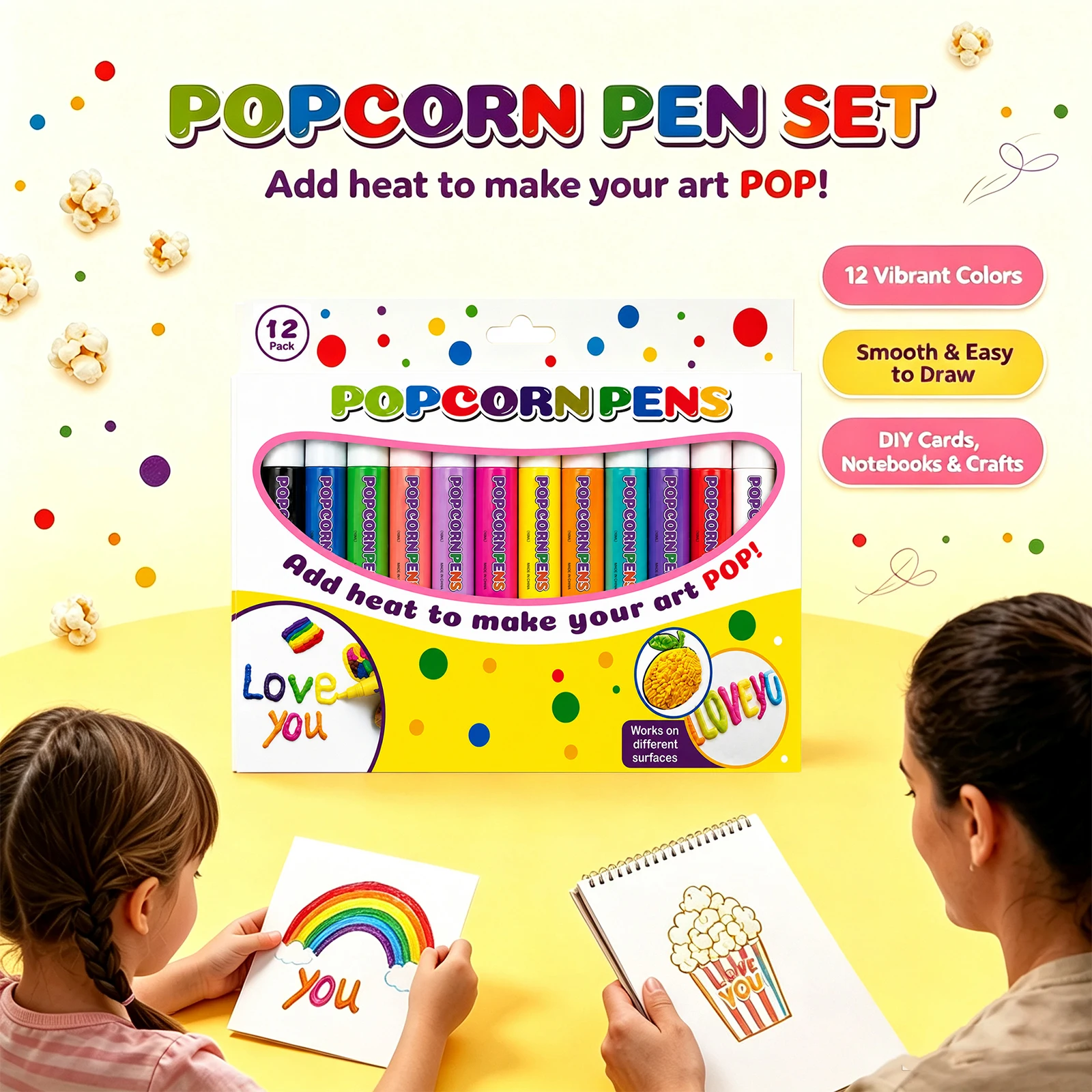 Popcorn-Stifte-Set mit 3D-Puffy-Effekt für DIY-Notizbuch- und Kartendekoration, Doodle Heat Pop-up-Zeichenmarker für Kinder und Erwachsene, 12 Stück ﻿