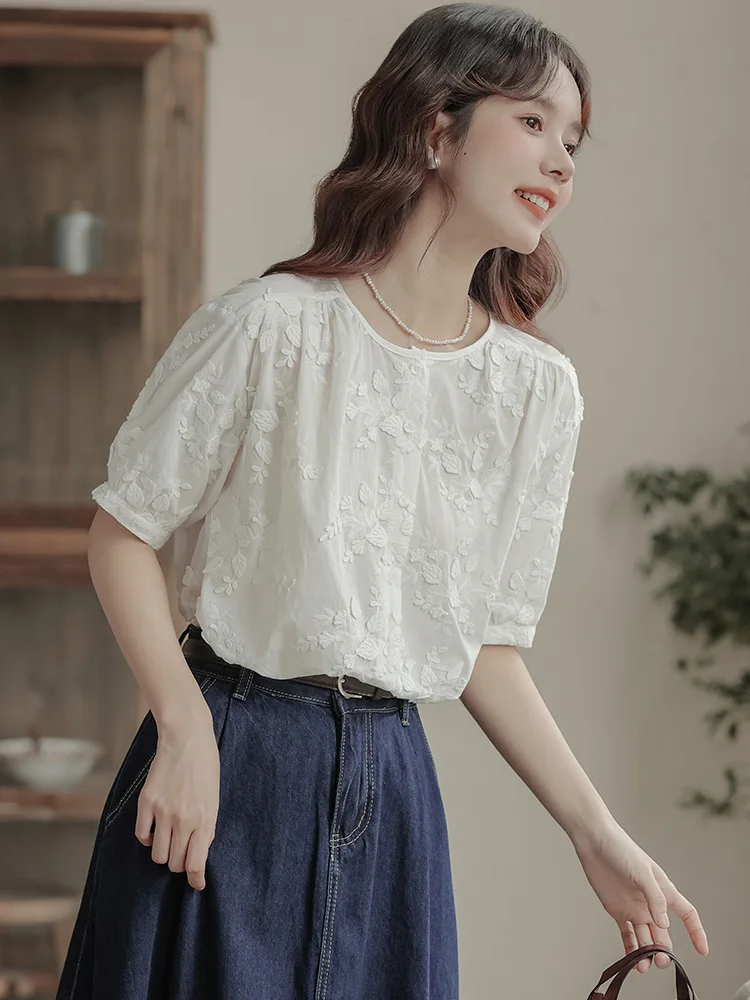 الفرنسية الرجعية المطرزة الجاكار س الرقبة الأبيض قصيرة الأكمام قميص المرأة الصيف عادية فضفاض Harajuku الأدبية أكاديمية على غرار القمم