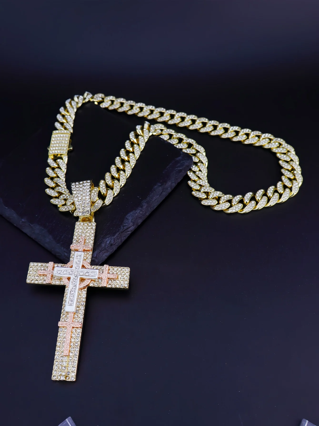 Hip Hop Punk Style 14K Gold Plated Cuban Chain Style Chunky Chain Tri-Color Cross Necklace
