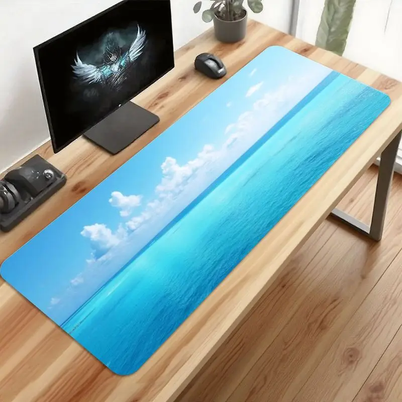 قطعة واحدة من سجادة مكتب Ocean Horizon كبيرة جدًا - عرض السماء الزرقاء الداكنة والبحر، طباعة عالية الدقة، غير قابلة للانزلاق لإعداد المكاتب/الألعاب الصيفية، مثالية