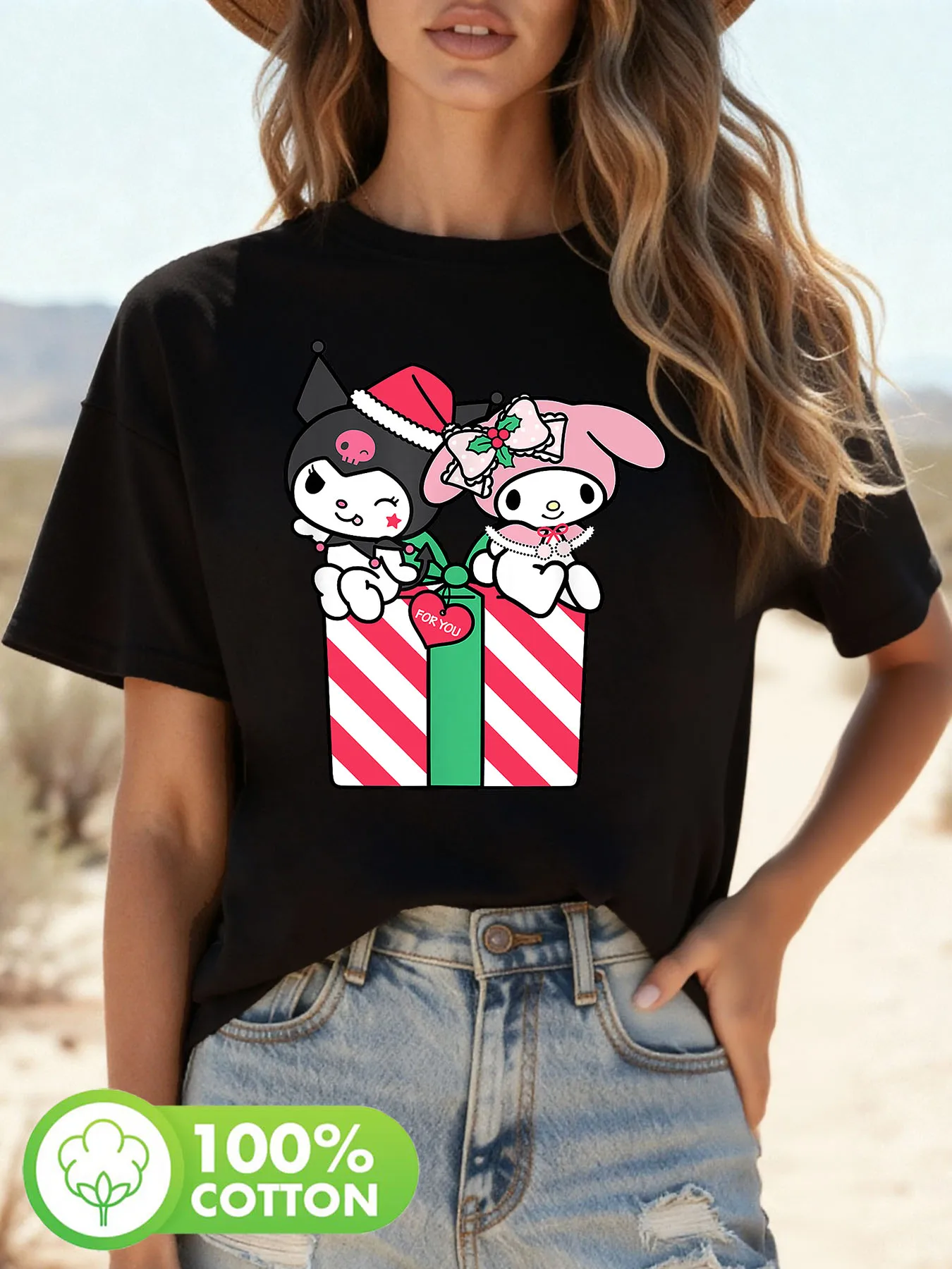 

Kuromi Melody, My Melody и рождественский подарок на подарочной коробке в полоску Sanrio, футболка с принтом, повседневная футболка с коротким рукавом и круглым вырезом