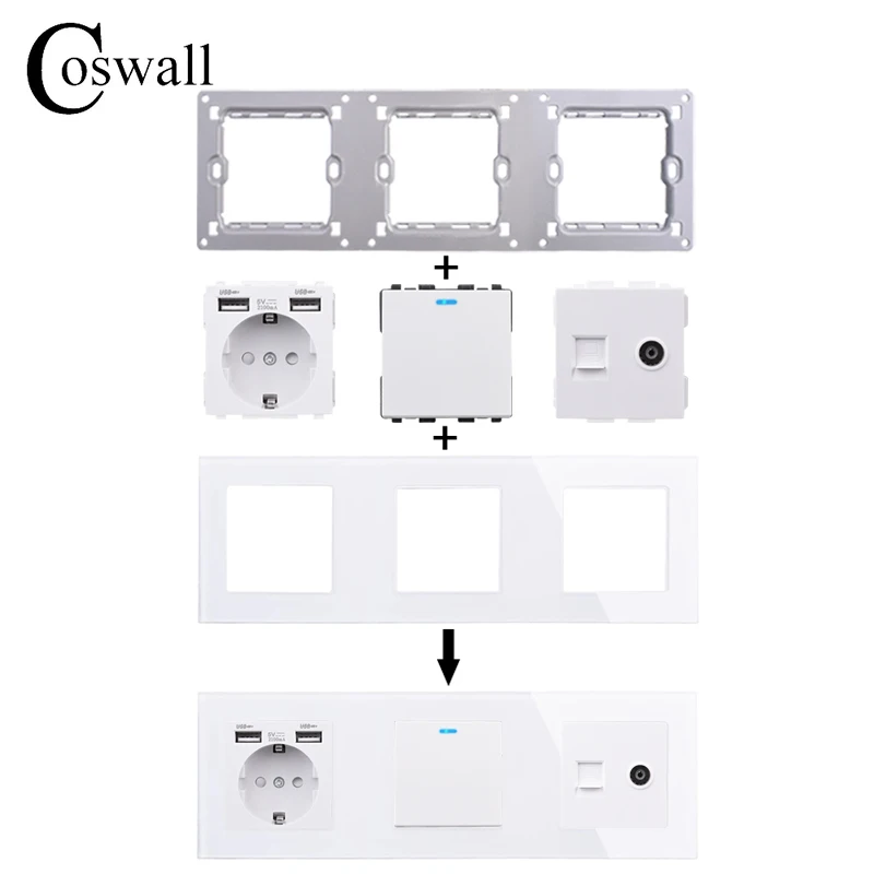 COSWALL C1 E20 X2 L1 S08 White EU US UK Italian Chile Universal Socket Type-C USB Charger Waterproof Lid Audio Outlet Module DIY