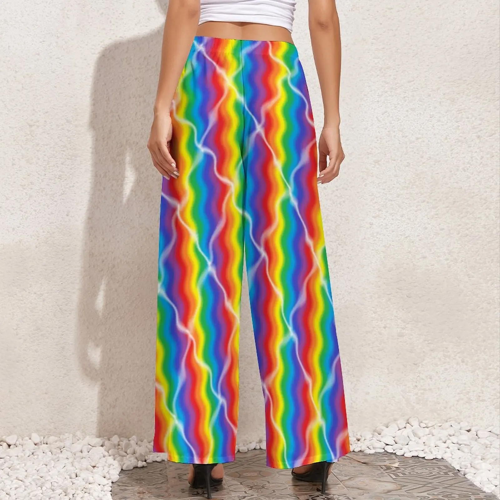 Cracked Rainbow Pants Abstract Stripes Colorful Aesthetic Graphic Trousers Summer Elastic Waist Big Size Elegant Wide Pants