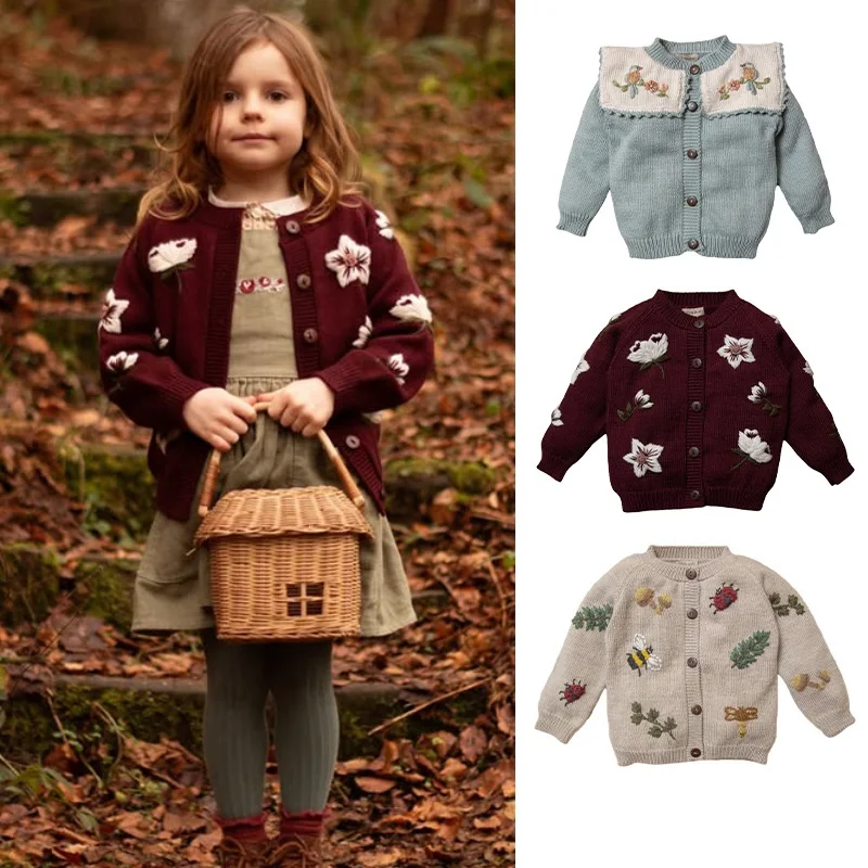 children's-sweater-2025-autumn-winter-new-embroidered-printed-fashion-children's-knitted-cardigan-pure-cotton-warm-girl's-coat