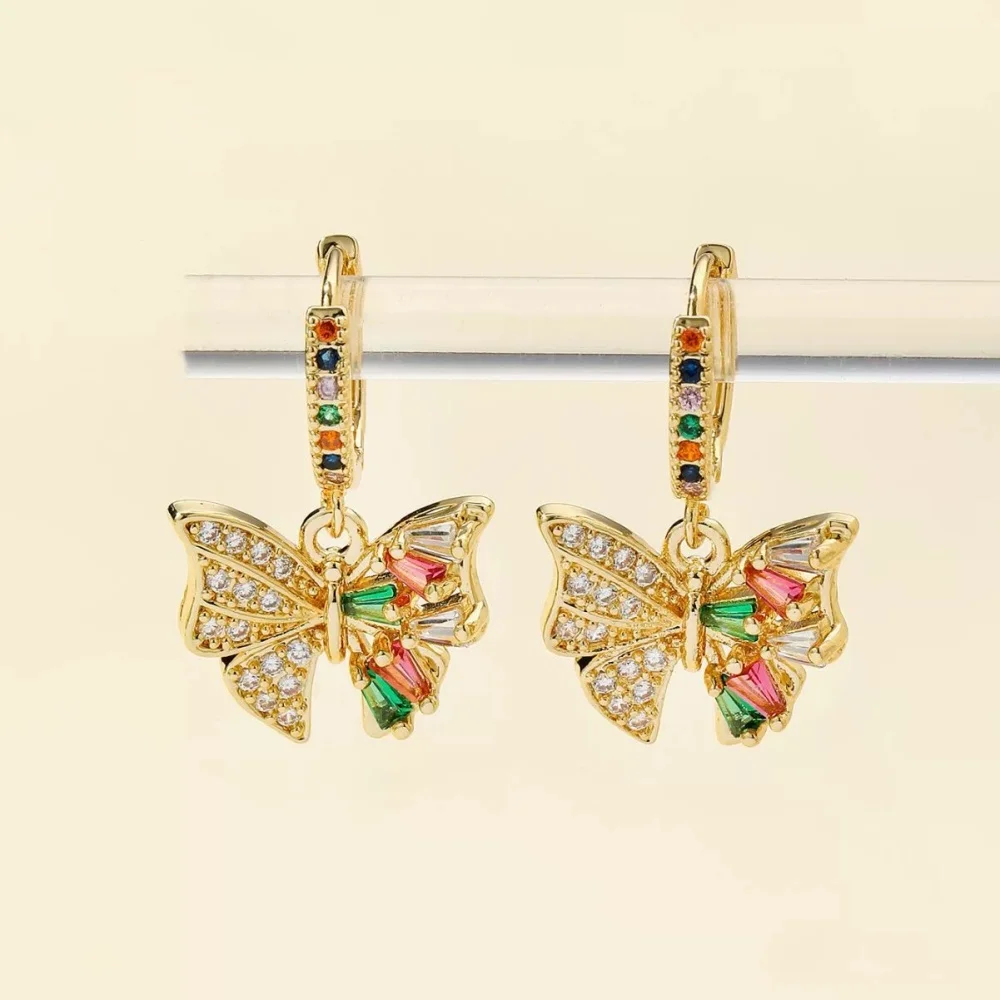 Luxury Colorful Zircon Butterfly Pendant Hoop Earrings For Women Gold Color Female Ear Buckle Bridal Wedding Jewelry