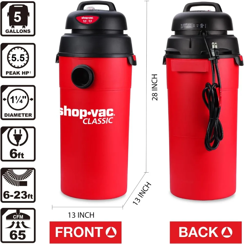 مكنسة كهربائية رطبة/جافة 5 جالون 5.5 ذروة HP، مكنسة متجر مدمجة قابلة للتركيب على الحائط مع خرطوم ومرفقات طويلة جدًا مقاس 6-23 بوصة