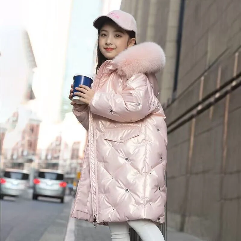 Girl Plush Hooded Jackets -30° Children Thicken Outerwear New Winter Glossy Coats Windproof Fashion Parkas Kids Warm Overcoat