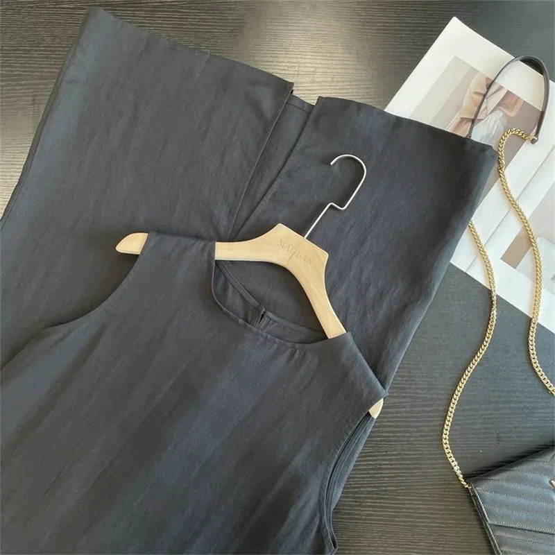 2025年新作 夏 ノースリーブ リネン ミディ丈 ベストワンピース レディース ゆったり マッシュルームボタン Aライン カジュアルワンピース ファッション Oネック