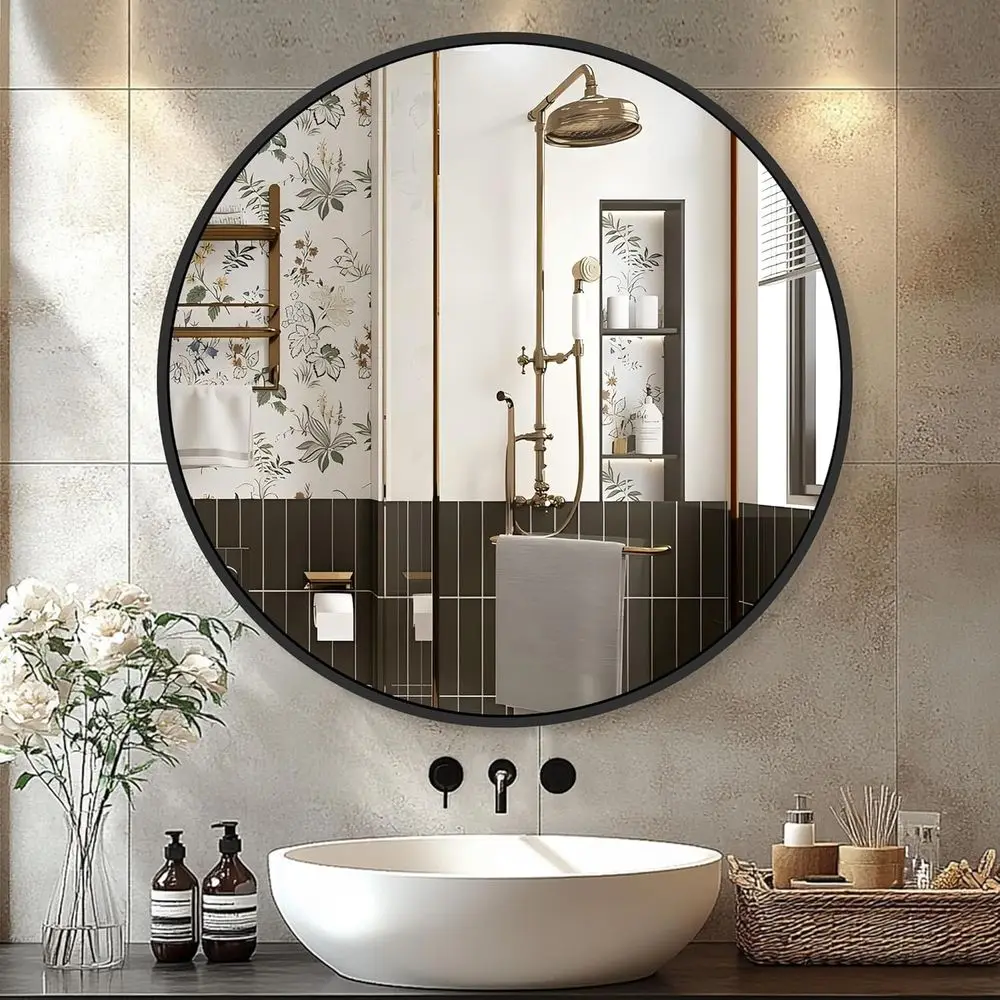 

Black Round Mirror 22 Inch, Circle Wall Mirrwith Metal e, Wall Mounted Circular Mirror or Bathroom, Vanity, Entryway, Living Roo