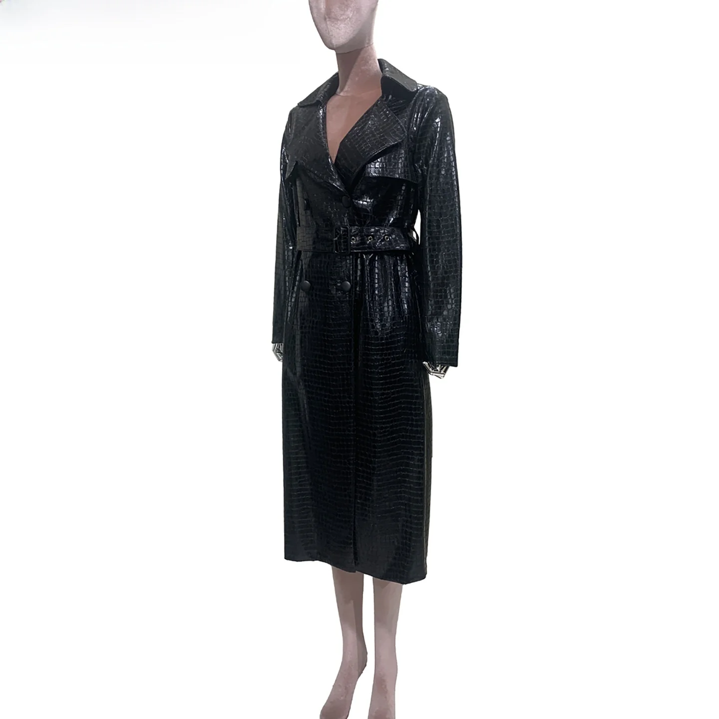 Nerazzurri Elegant Long Female Leather Jacket Black Alligator Pattern High Gloss PU Leather Outerwear Standard Fit Youth And ...