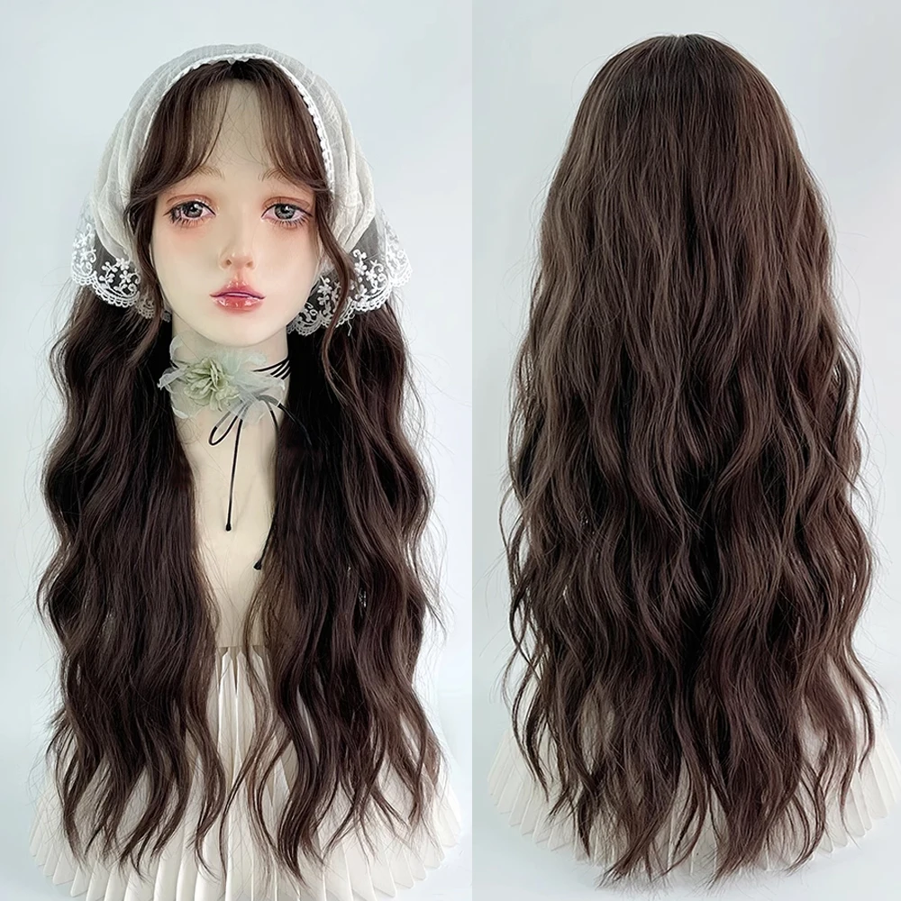 

Synthetic Wavy Long Women Brown Wig Heat Resistant Fluffy Lolita Cosplay Wig with Bangs for Daily Party