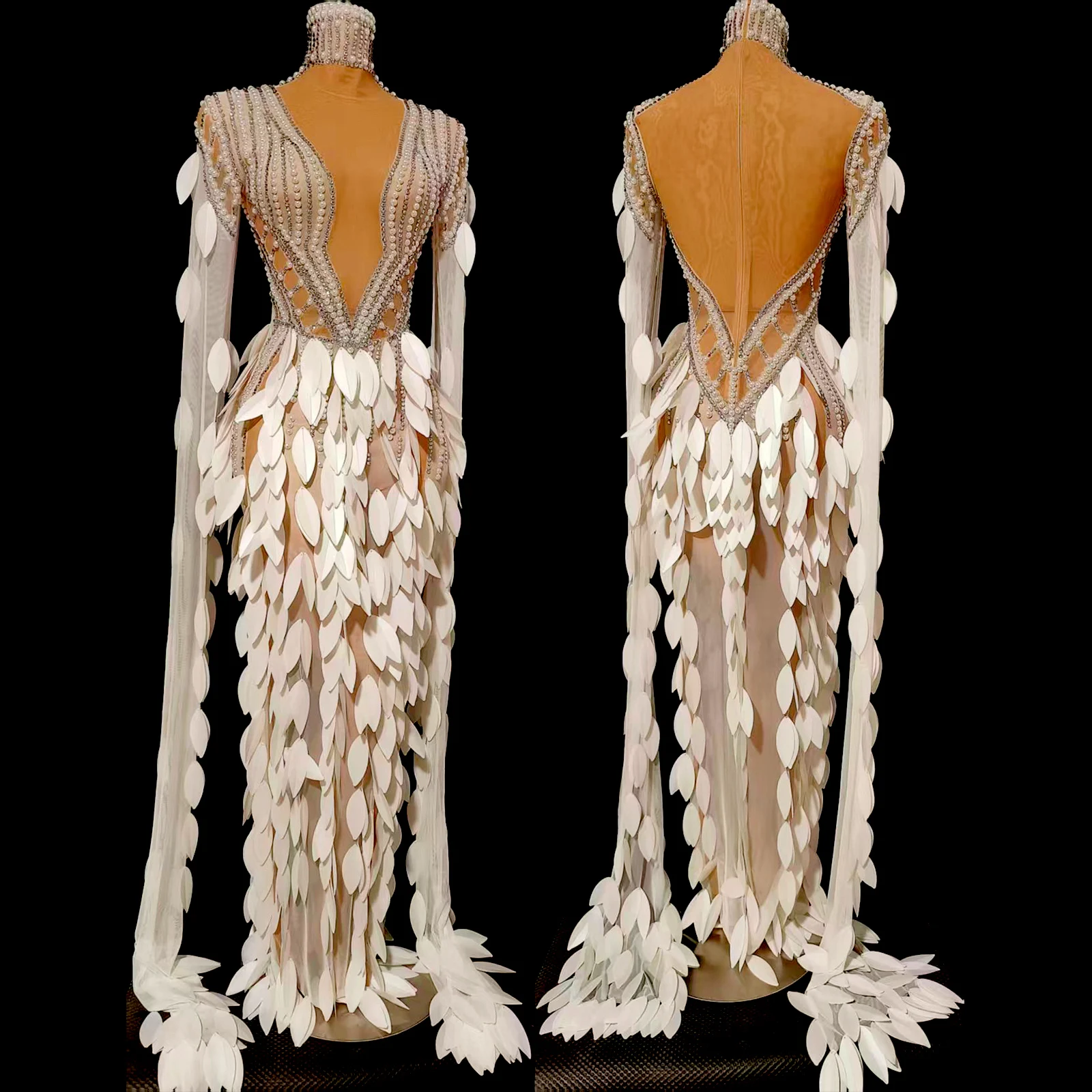 

Sparkly Peal White Plastic Feather Shape Split Trailing Mesh Long Sexy Transparent Birthday Dance Celebrate Evening Phot Dress