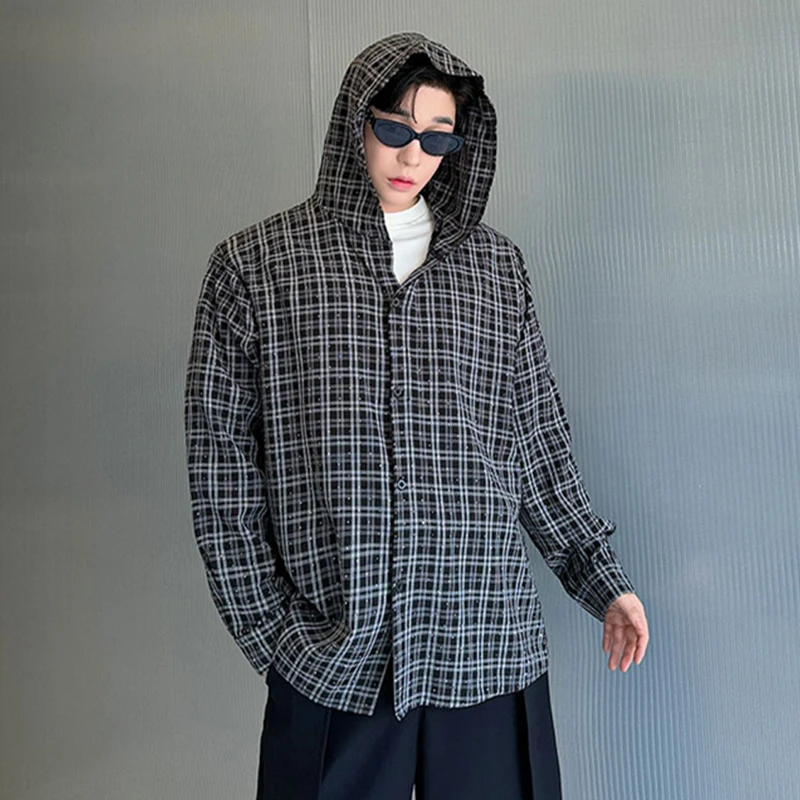 IEFB Fashion Plaid Male Hooded Shirt Hot Drilling Thin Jacket Turn-down Collar Korean Style Men\'s Top Casual Loose 9C7010