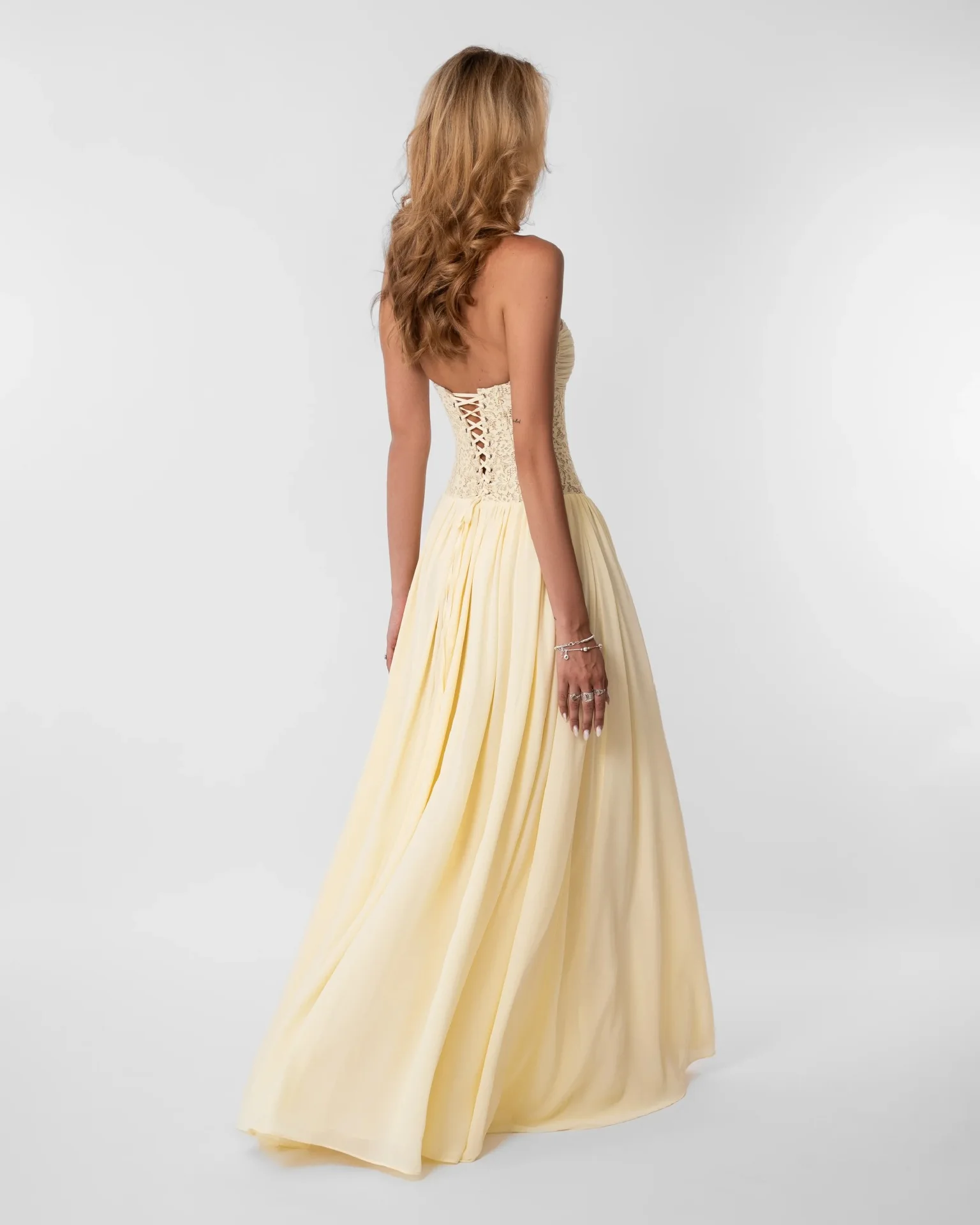 Women Strapless Lace Corset Maxi Dress Chiffon A‑Line Long Dress Lace‑Up Back Formal Evening Bridesmaid Party Gown