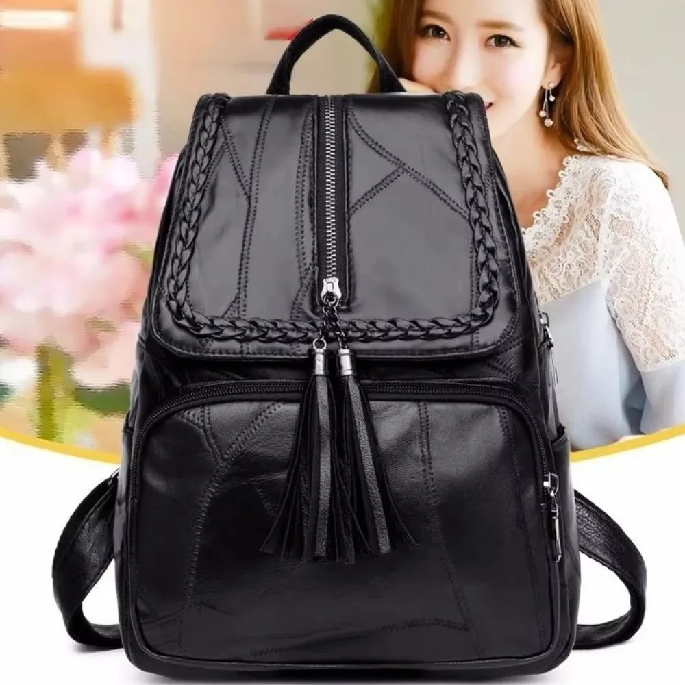 

Sweet Solid Color PU Leather Backpack Zipper Black Tasse Shoulder Bag Korean Style Soft Students School Bag Students