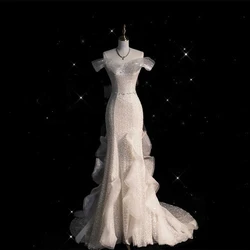 White Light Luxury Celebrity Dress Boat Neck Sleeveless Beading Ruffle Pleated Mermaid Floor Length Evening Prom Party Gowns