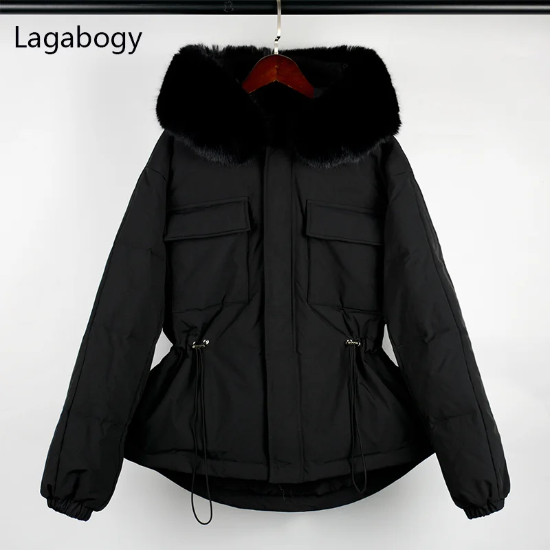 

Women 2023 Large Faux Winter Fur Collar 90% White Duck Down Coat Hooded Warm Puffer Jacket Female Loose Waterproof Park